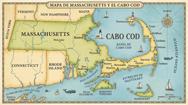 Mapa de Cape Cod y su ubicación en Massachusetts Mapa de Massachusetts y Cape Cod con Boston, Provincetown, Plymouth, Nantucket y las principales localidades de la península.