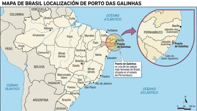 Mapa de Brasil con la ubicación de Porto de Galinhas en Pernambuco, al sur de Recife, sobre la costa atlántica.