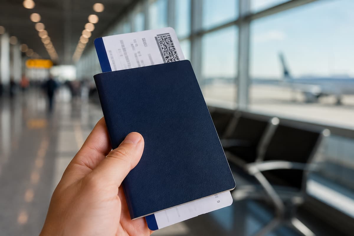 Mano sosteniendo un pasaporte y una tarjeta de embarque en un aeropuerto, en una imagen ilustrativa sobre los requisitos de vigencia para entrar a Estados Unidos