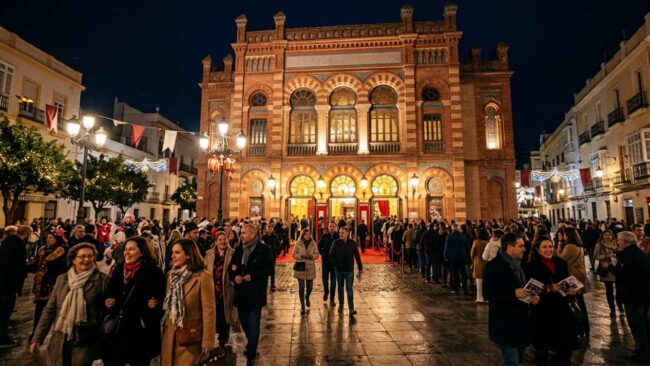 Gran Teatro Falla iluminado de noche durante el Carnaval de Cádiz, con público reunido frente a su entrada.