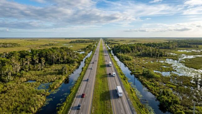 Vista aérea de la I-75, conocida como Alligator Alley, atravesando los humedales del sur de Florida entre Miami y Naples.