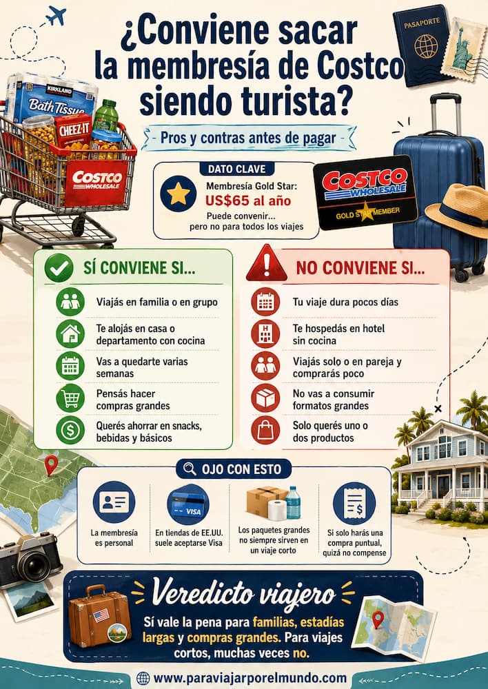 Cómo entrar a Costco siendo extranjero Infografía sobre si conviene sacar la membresía de Costco siendo turista, con pros, contras, dato clave y veredicto viajero.