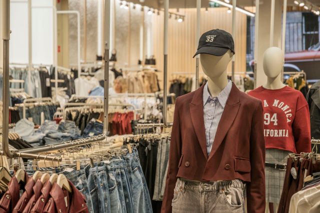 Maniquíes y prendas de moda femenina en el interior de una tienda de ropa de Barcelona.