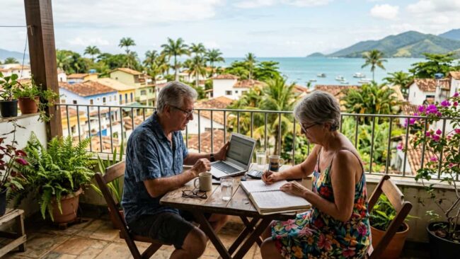 Pareja de jubilados revisando gastos en una casa con vista a una localidad costera de Brasil