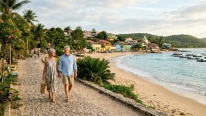Pareja de adultos mayores caminando junto a la playa en un pueblo costero de Brasil