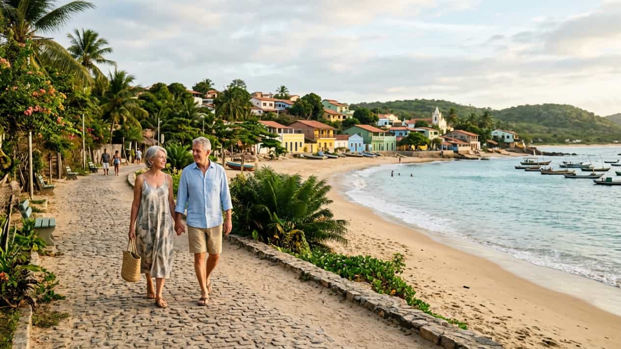 Pareja de adultos mayores caminando junto a la playa en un pueblo costero de Brasil
