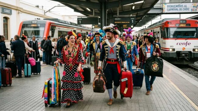 Llegada en tren a Cádiz durante el Carnaval Viajeros disfrazados llegan en tren a la estación de Cádiz para participar del Carnaval.