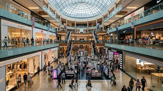 Malls de Orlando para comprar ropa, tecnología y cosmética Interior de un centro comercial con tiendas de ropa, tecnología, calzado y cosmética durante una jornada de compras.
