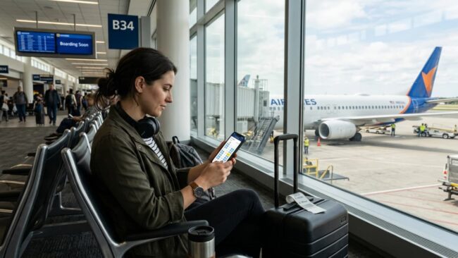 Pasajera consultando el mapa de asientos de su vuelo mientras espera en la puerta de embarque