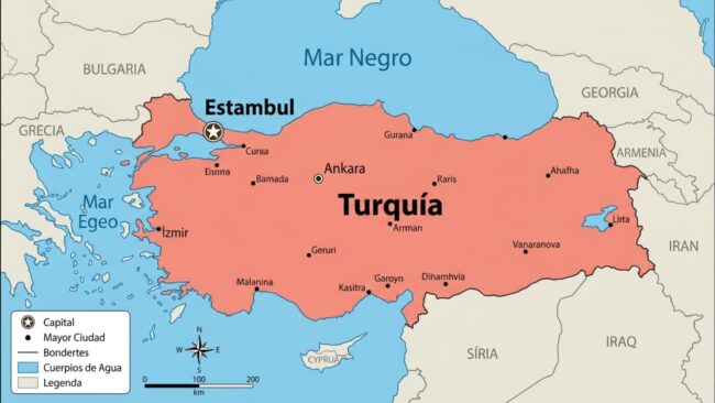 Mapa de Turquía que señala la ubicación de Estambul, junto al estrecho del Bósforo entre Europa y Asia.