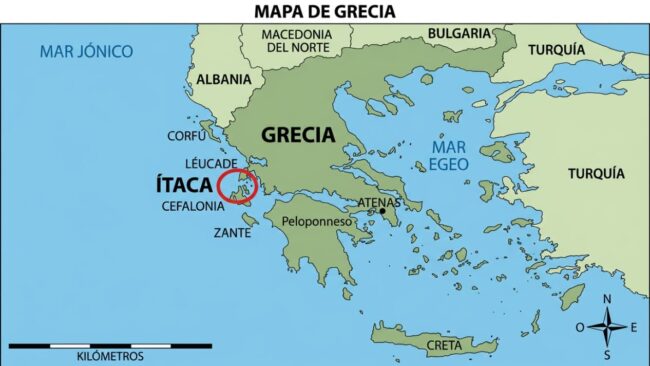 Mapa de Ítaca: dónde queda en Grecia y en el mar Jónico Mapa de Ítaca en Grecia con su ubicación entre las islas Jónicas, cerca de Cefalonia y Léucade