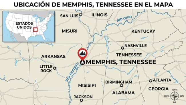 Mapa de Memphis, Tennessee, con su ubicación junto al río Misisipi en Estados Unidos
