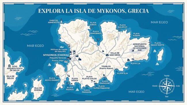Mapa de Mykonos, Grecia, con Chora, playas, aeropuerto, puertos y ubicación de Delos