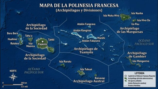 Mapa de la Polinesia Francesa con Tahití, Bora Bora y sus principales archipiélagos en el océano Pacífico