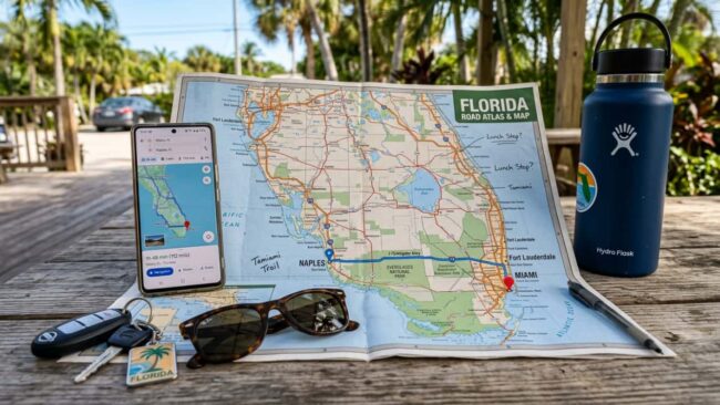 Mapa de Florida y teléfono con la ruta en auto entre Miami y Naples por la I-75.