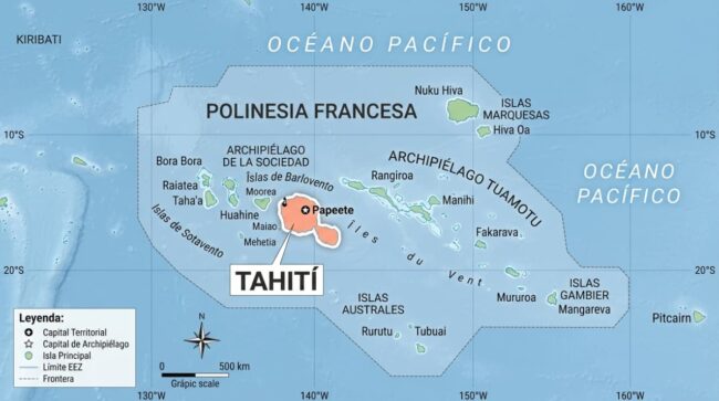 Mapa de Tahití en la Polinesia Francesa con Papeete, Bora Bora y los principales archipiélagos
