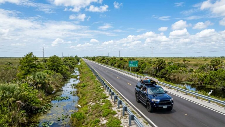 Auto circulando por la I-75, conocida como Alligator Alley, rumbo a Naples desde Miami, entre los humedales del sur de Florida.