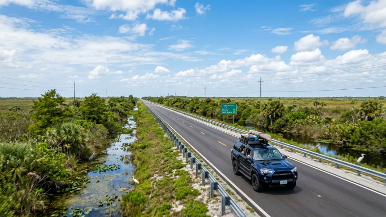 Auto circulando por la I-75, conocida como Alligator Alley, rumbo a Naples desde Miami, entre los humedales del sur de Florida.
