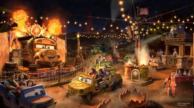 Miss Fritter’s Daredevil Spin-Along en Magic Kingdom Concept art de Miss Fritter’s Daredevil Spin-Along, nueva atracción de Cars en Magic Kingdom