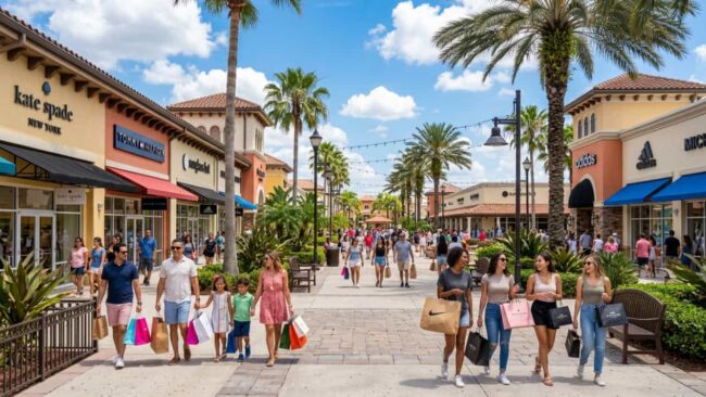 Visitantes recorren un outlet al aire libre de Orlando con bolsas de compras y tiendas de marcas internacionales.
