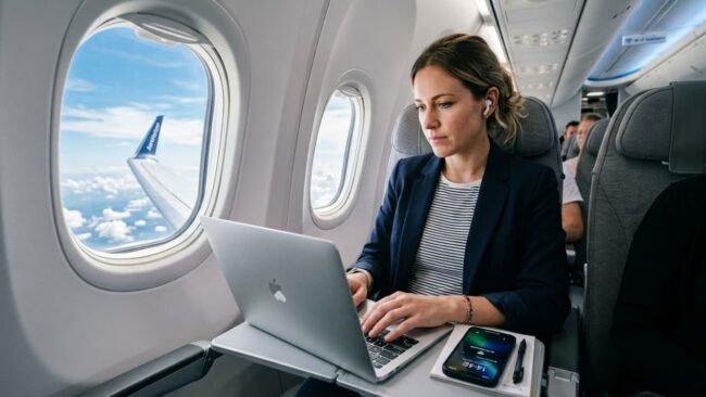 Trabajar con WiFi e Internet a bordo de un avión Pasajera usando una laptop durante un vuelo con servicio de WiFi disponible a bordo
