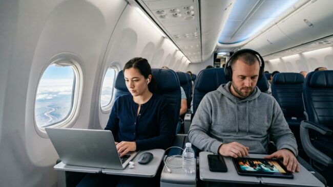 Pasajeros usando dispositivos durante un vuelo con WiFi a bordo Pasajeros usando una laptop y una tablet durante un vuelo comercial