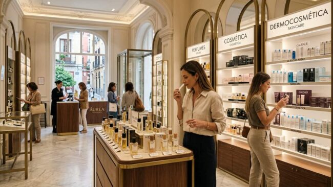 Turistas prueban perfumes y productos de cosmética en una tienda de España.