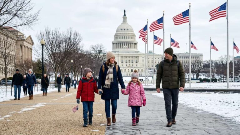 Familia paseando en invierno frente al Capitolio de Estados Unidos y varias banderas estadounidenses en Washington D. C.
