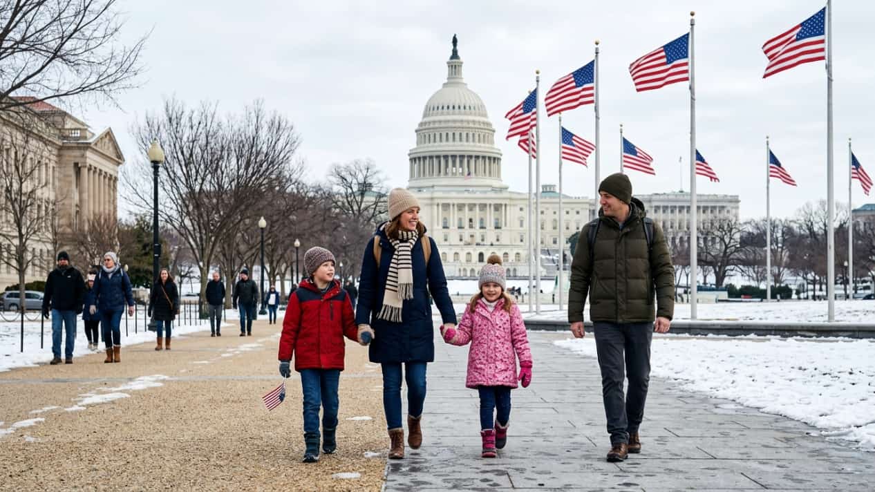Familia paseando en invierno frente al Capitolio de Estados Unidos y varias banderas estadounidenses en Washington D. C.