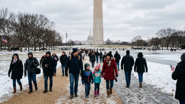 Viajar a Washington durante Presidents Day 2027 Familias y turistas caminan sobre la nieve frente al Monumento a Washington durante el invierno en Washington D. C.
