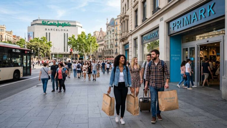 Viajeros con bolsas de compras frente a una tienda Primark en una concurrida avenida de Barcelona.