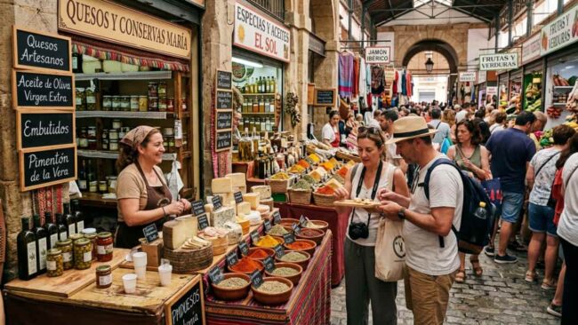 Turistas prueban quesos y productos típicos de España en un mercado con jamón ibérico, aceite de oliva, especias y conservas.