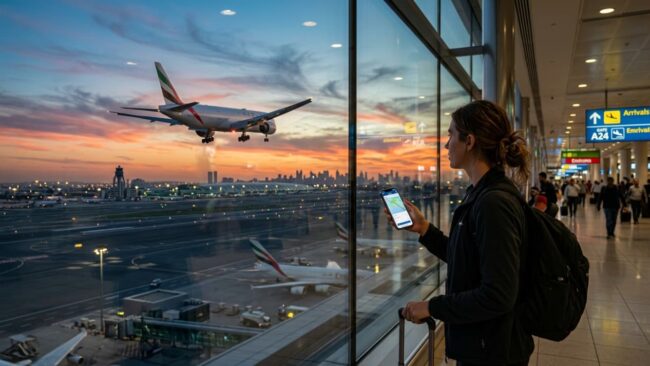Pasajera consultando información de un vuelo en el celular mientras observa aviones de Emirates en el aeropuerto