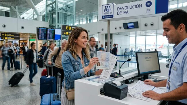 Turista solicita la devolución del IVA en un mostrador tax free de un aeropuerto en España.