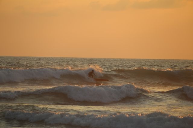 Surfista sobre las olas al atardecer en una playa de Tecolutla, Veracruz, México.