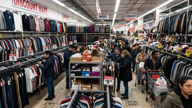 Compradores recorren una tienda de descuento con ropa, zapatos, accesorios y maletas en oferta.