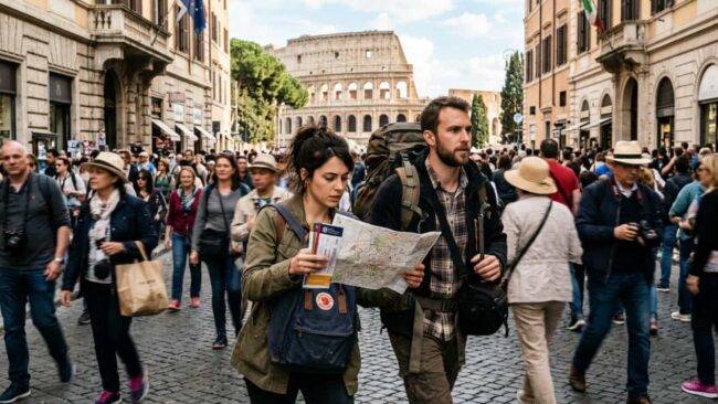 Turistas recorriendo Roma con mochilas y mapa cerca del Coliseo durante unas vacaciones activas