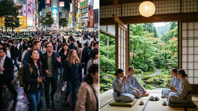 Viajeros recorriendo Tokio y descansando después en un ryokan tradicional de Japón