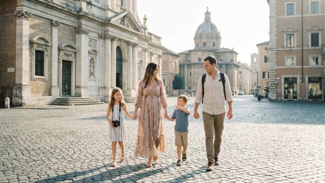 Familia recorriendo una ciudad europea durante la etapa activa de sus vacaciones