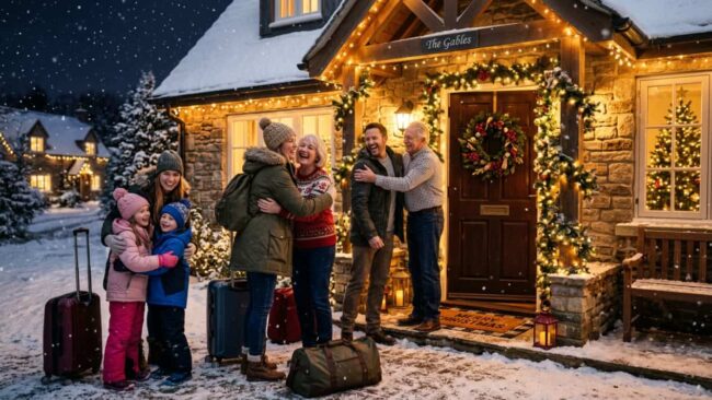 Familia se reencuentra frente a una casa decorada para Navidad después de viajar con maletas durante el invierno.