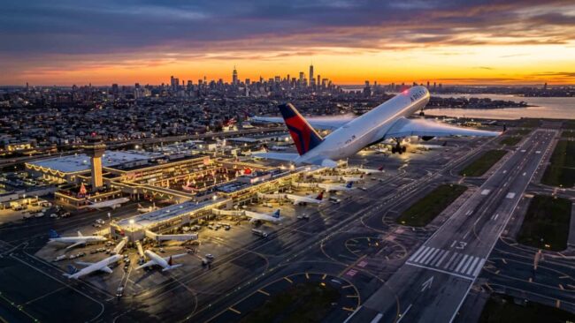 Avión despega de un aeropuerto iluminado por Navidad con el horizonte de Nueva York al atardecer.