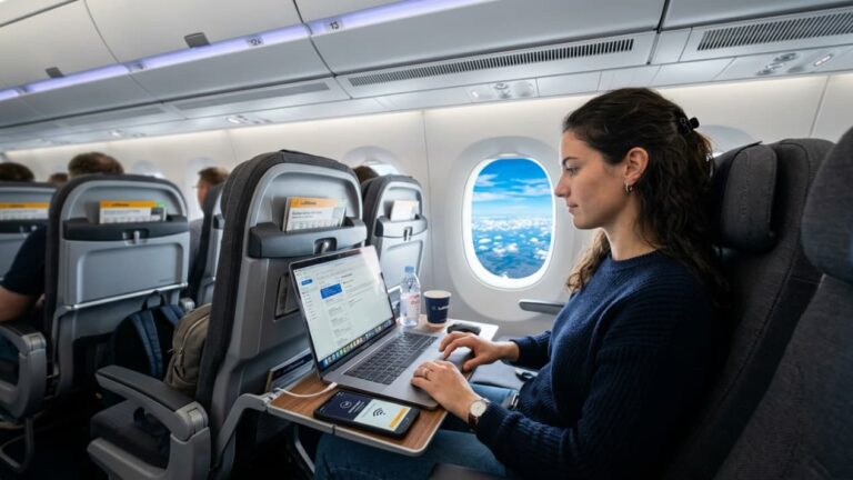 Pasajera usando una laptop con conexi&oacute;n WiFi a bordo de un avi&oacute;n de Lufthansa