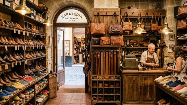 Tienda artesanal de España con zapatos, alpargatas, bolsos y cinturones de cuero.