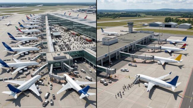 Comparación entre un aeropuerto internacional grande y un aeropuerto alternativo más pequeño con varios aviones