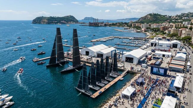 Veleros de competición amarrados junto a instalaciones portuarias y público en la costa de Nápoles