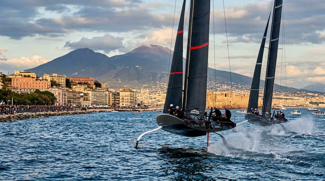 Veleros de competición navegan frente a Nápoles con el Vesubio al fondo, escenario de la America’s Cup 2027