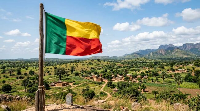 Bandera de Ben&iacute;n frente a un paisaje rural de colinas y monta&ntilde;as en &Aacute;frica Occidental