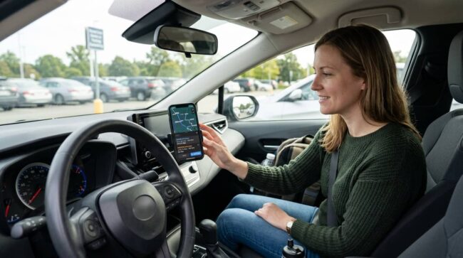 Conductora revisa en el teléfono una ruta con información de peajes antes de conducir un auto alquilado en Estados Unidos