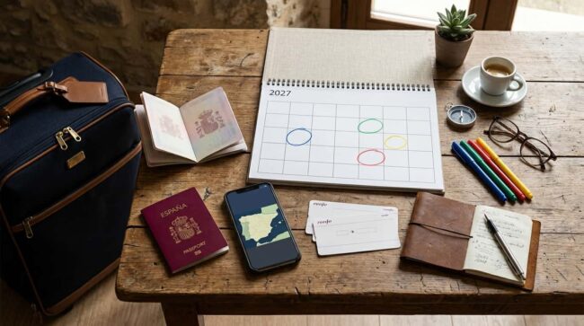Calendario de puentes y festivos de España 2027 para organizar viajes Calendario de 2027 junto a pasaporte, maleta y mapa de España para planificar puentes y festivos