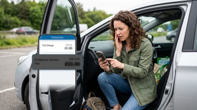 Conductora revisa en su teléfono un cargo de peaje y una tarifa adicional por un auto alquilado en Estados Unidos